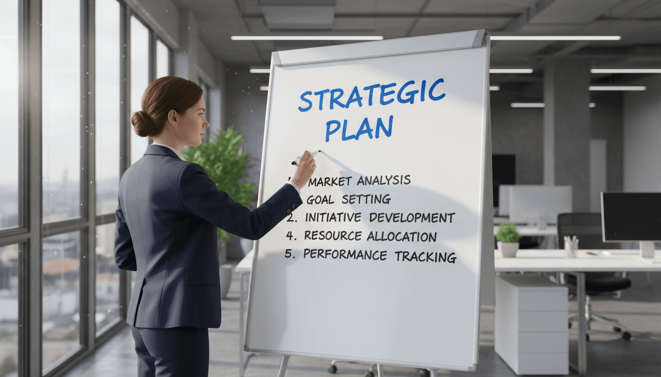 Professional consultant sketching strategy on a whiteboard