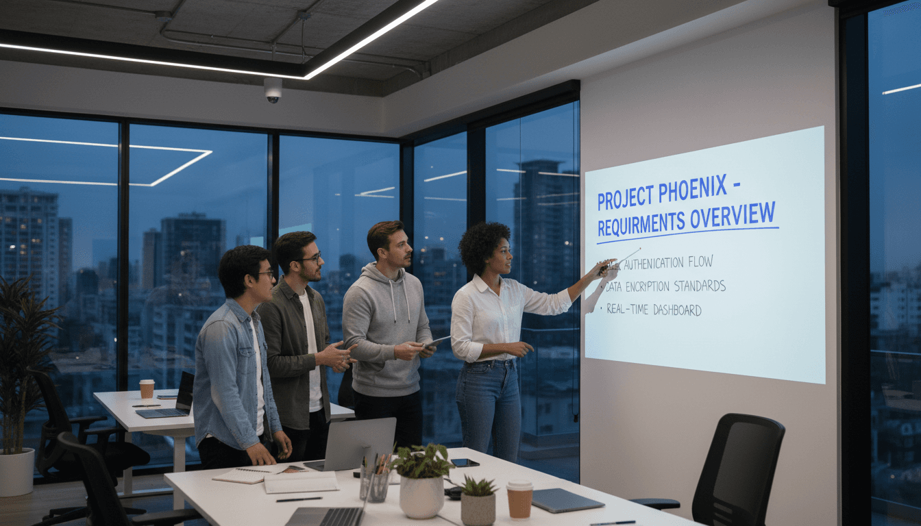 team reviewing requirements on whiteboard